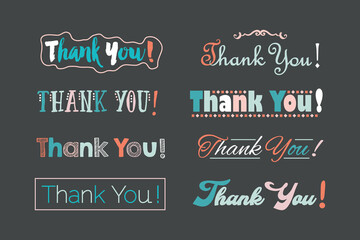 Wall Mural - Retro colorful Thank You words text with different stylized font faces icons set design elements on gray background