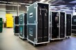 Backstage flight cases, safeguarded by protective covers, securely store concert equipment. Generative AI