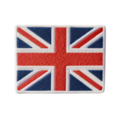 embroidered uk flag patch sticker, stitched patchwork icon on transparent png background, generative