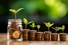 Stacks Of Coins And Savings Jar With Tree Sprouts On The Top, Save Money For Future, Growth Investing, Profit And Environmental Sustainability Concept Background. 