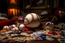A Baseball With Faded Sports Cards In The Backdrop. Generative AI