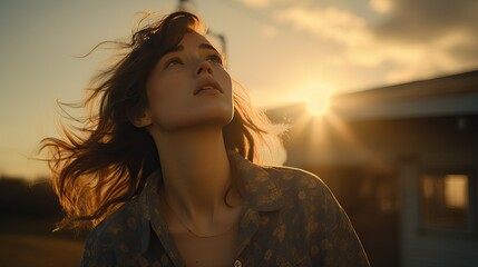 Portrait of a young woman looking up at golden hour