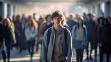 Male High School Student Standing Alone Among A Crowd Of Other Students, Concept Of The Feeling Of Isolation And Loneliness Due To Mental Illness