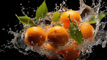 flying mandarin oranges hit by splashes of water on black background and blur