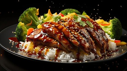 white rice with teriyaki beef and cut vegetables on a plate with black and blurry background