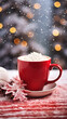 © red_orange_stock - Hot chocolate in red cup on christmas background.