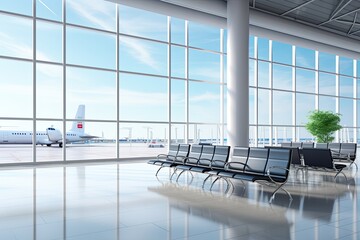 Interior of airport terminal with panoramic window and airplan
