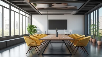 Aufkleber - Black and wooden conference room with long table and chairs at modern workplace.