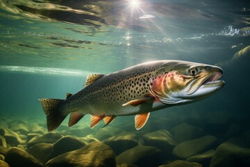 Close-up of two trout swimming in an underwater river scene with clear fresh water. Ideal for fishing concept desktop wallpaper. Generative AI