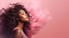Beautiful African American Woman With Curly Hair And Smoke On Pink Background