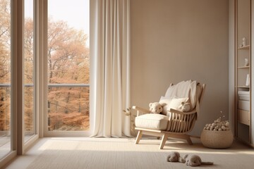 Wall Mural - Beige Nursery Mockup with Light Accent Chair with Baby Toys and Wicker Basket in Fall