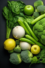 .Organic green vegetables and fruits, top view, green diet, vegetarians