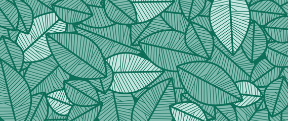 Wall Mural - Abstract foliage line art vector background. Leaf wallpaper of tropical leaves, leaf branch, plants in hand drawn pattern. Botanical jungle illustrated for banner, prints, decoration, fabric.