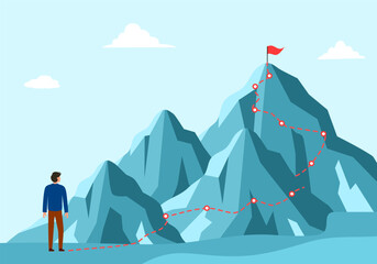 Man walking to the success flag on top of the mountain in flat design.  Symbol of the startup, business finance, achievement and leadership concept vector illustration.