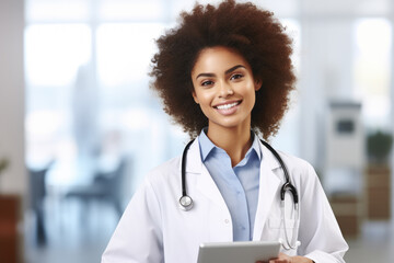 Woman wearing lab coat holds tablet computer. This image can be used to illustrate scientific research, data analysis, or technology in laboratory.