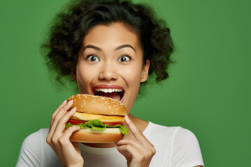 Canvas Print - Woman holding hamburger in front of her face. This image can be used to represent food, fast food, cravings, or indulgence.