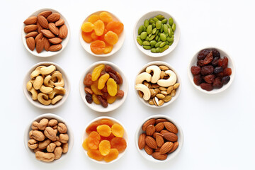 Collection of different types of nuts, such as almonds, cashews, and walnuts, displayed in small bowls on clean white surface. Healthy snack, illustrate recipe, or add touch food-related content.