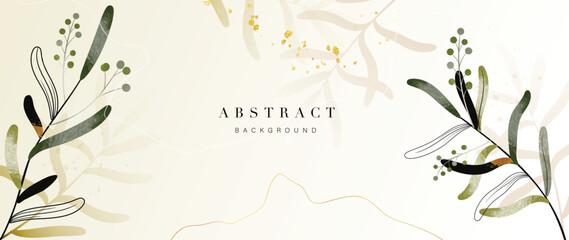 Wall Mural - Abstract art background vector. Luxury minimal style wallpaper with golden line art flower and botanical leaves, gold glitter, watercolor. Vector background for banner, poster, Web and packaging.