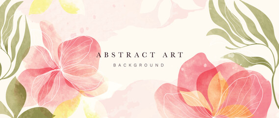 Wall Mural - Abstract floral art background vector. Botanical watercolor hand drawn flower paint brush line art. Design illustration for wallpaper, banner, print, poster, cover, greeting and invitation card.