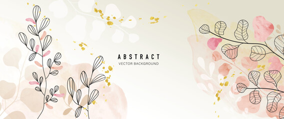 Wall Mural - Abstract art background vector. Luxury minimal style wallpaper with line art eucalyptus leaves, gold glitter, watercolor texture. Vector background for banner, poster, wedding card, decoration.