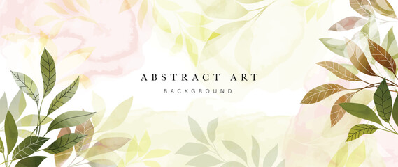 Wall Mural - Abstract foliage art background vector. Botanical watercolor hand drawn leaves paint brush line art. Design illustration for wallpaper, banner, print, poster, cover, greeting and invitation card.