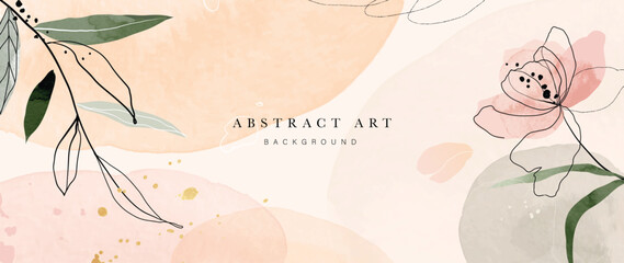Wall Mural - Abstract art background vector. Luxury minimal style wallpaper with line art floral and foliage, gold glitter, watercolor texture. Vector background for banner, poster, wedding card, decoration.
