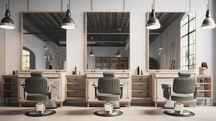 Wall Mural - Hair salon, Modern barber shop with barber chairs and mirrors.