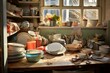 Untidy kitchen cluttered with soiled plates and pots, marked by food remnants and oily stains. Generative AI