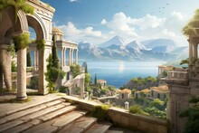 A Picturesque Ancient Greek Coastal Town With A Breathtaking Sea View, A White Cobblestone Road, And A Stunning Colonnade Temple Overlooking The Sea And Mountains. A Cinematic Artwork. Generative AI