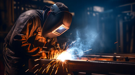 Wall Mural - The welder is welding the various parts of the house construction in a factory.