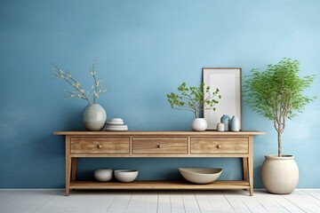 Wall Mural - Farmhouse living room interior with blue wall, wooden console, vintage decor, and green plants in a vase. High-quality 3D illustration. Generative AI