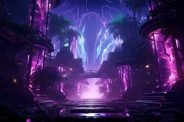 Wall Mural - An energetic cyberpunk exotic scene with glowing purple lights illuminating palm fronds. Artwork. Generative AI