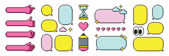 Pixel art dialogue box, hand, heart, star, cloud clipart. Speech bubbles in the mood of 90's game aesthetics. Vector 8-bit retro style illustration for card, social media, banner, stickers.