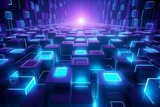 Fototapeta Perspektywa 3d - Futuristic tech background with turquoise and violet symmetric glowing cubes. Generative AI