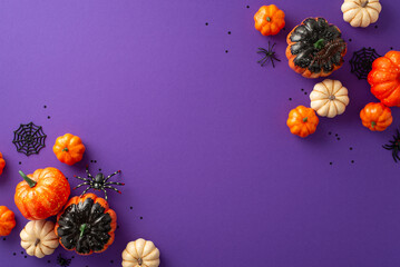 Wall Mural - Mysterious Halloween arrangement: Top view of spooky setup – spiderweb and creepy insects – accented by small pumpkins, confetti, on purple background with empty space, ready for greetings or ads