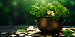 black pot full of gold coins and shamrock leaves .Generative AI
