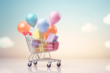 3d generated gift on the shopping cart and colorful balloon.online shopping and black friday concept.Created with Generative AI technology.