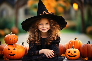 Wall Mural - Happy cheerful little girl dressed as a witch or an evil sorceress in makeup is having fun at the Halloween celebration. Festive costume. Jack lantern.