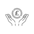 £の文字が入ったシンプルなコインと人の手のアイコン- イギリスなどの通貨･ポンドのイメージ
