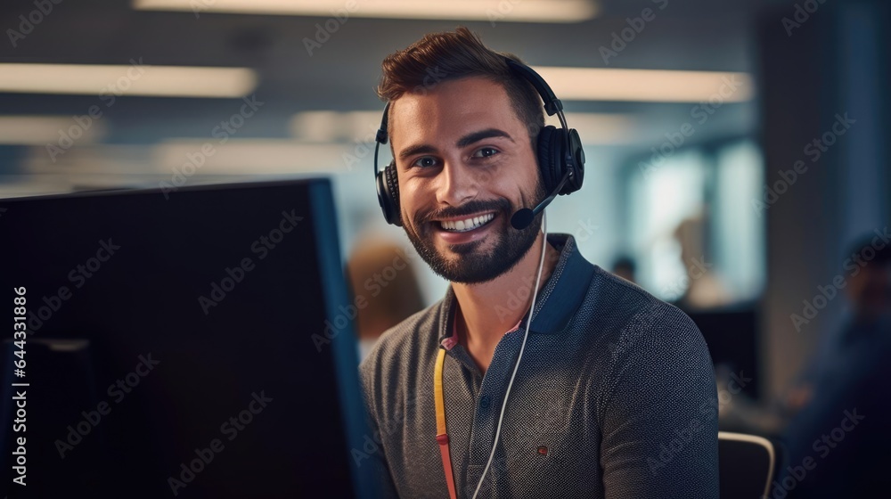 Portrait of a male IT support specialist at a helpdesk patiently ...