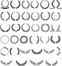 Big Collection Of Thirty-six Different Black And White Silhouette Circular Laurel Foliate And Oak Wreaths Depicting An Award, Achievement, Heraldry, Or Nobility. Vector Illustration.