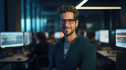 Portrait of a male software developer at a bustling tech company coding lines of elegant software