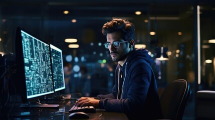 Portrait of a male software developer at a bustling tech company coding lines of elegant software