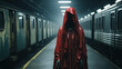Mysterious woman with red veil walking in the subway tunnel with a terrifying atmosphere. Halloween concept.