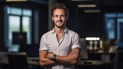 Portrait of a male web designer at a client presentation showcasing his latest web design project