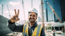 Construction Engineer Showing The Victory Sign At Construction Site