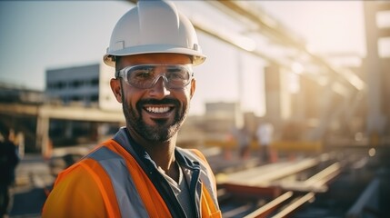 construction engineer showing the victory sign at construction site