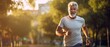 Senior man going for a run living a healthy lifestyle for longevity in park in morning