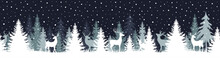 Fir Forest Snowy Winter Landscape With Deers At Night, Seemless Border Pattern, Blue Panorama Vector Illustration, Global Colors