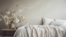 Generative AI, Relaxing Bedroom Detail Of Bed With Natural Linen Textured Bedding, Muted Neutral Aesthetic Colors